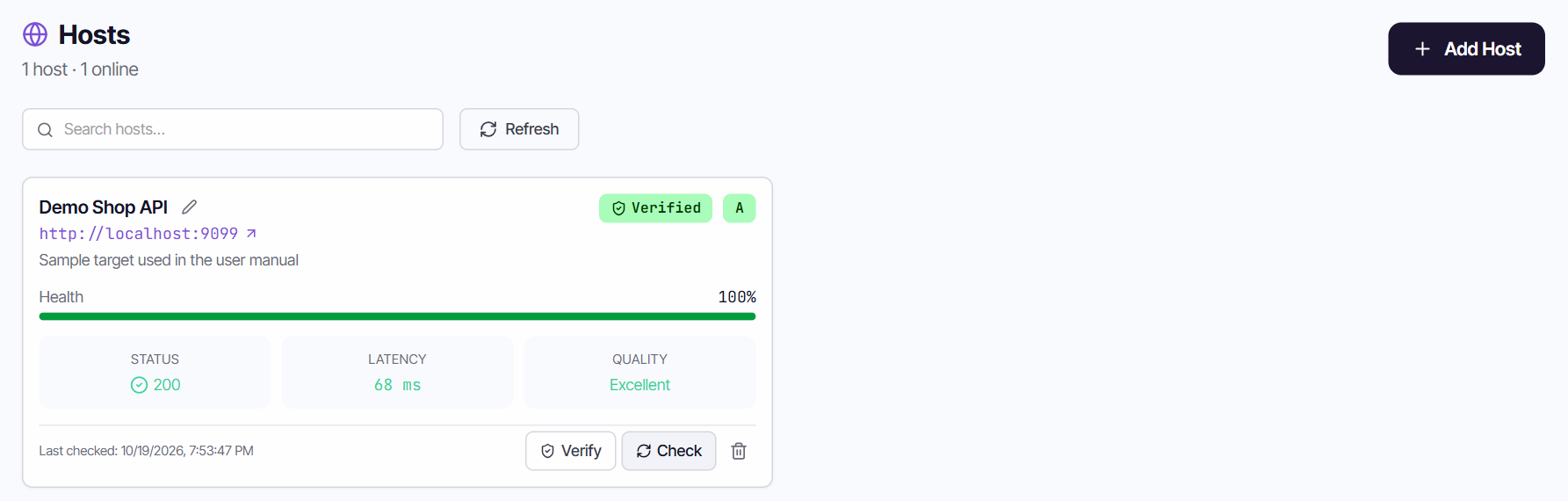 A verified host card showing health, status and latency