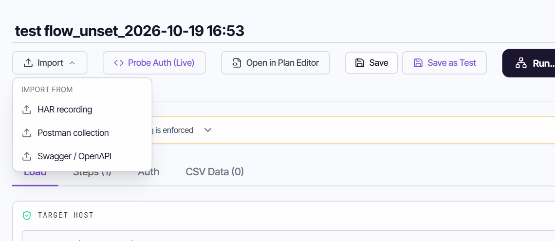 The Import menu in Flow Builder with HAR recording, Postman collection and Swagger / OpenAPI